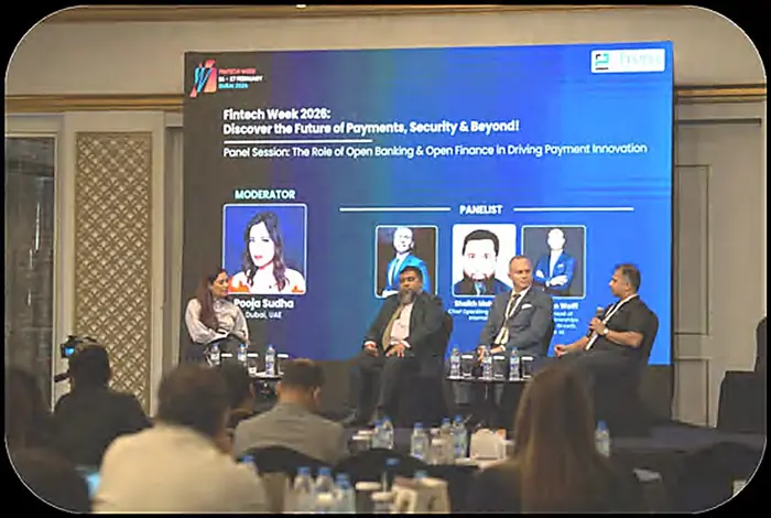 Pooja Sudha moderating a Fintech Week Dubai panel
