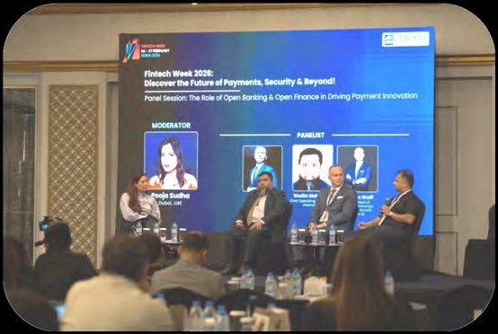 Pooja Sudha moderating a Fintech Week Dubai panel