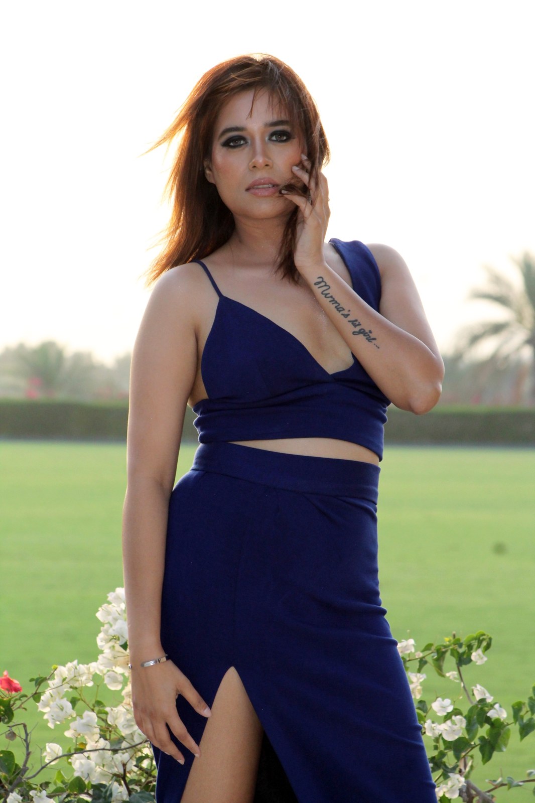 Pooja Sudha portrait in a navy slit dress