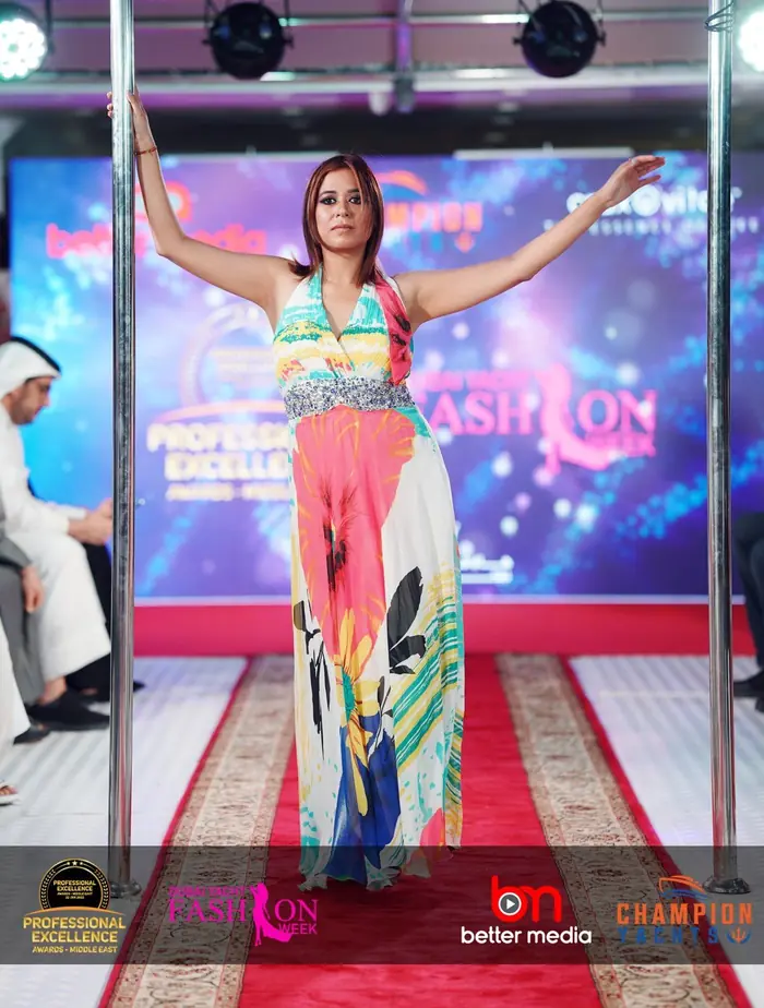 Pooja Sudha on the runway at the Professional Excellence fashion show