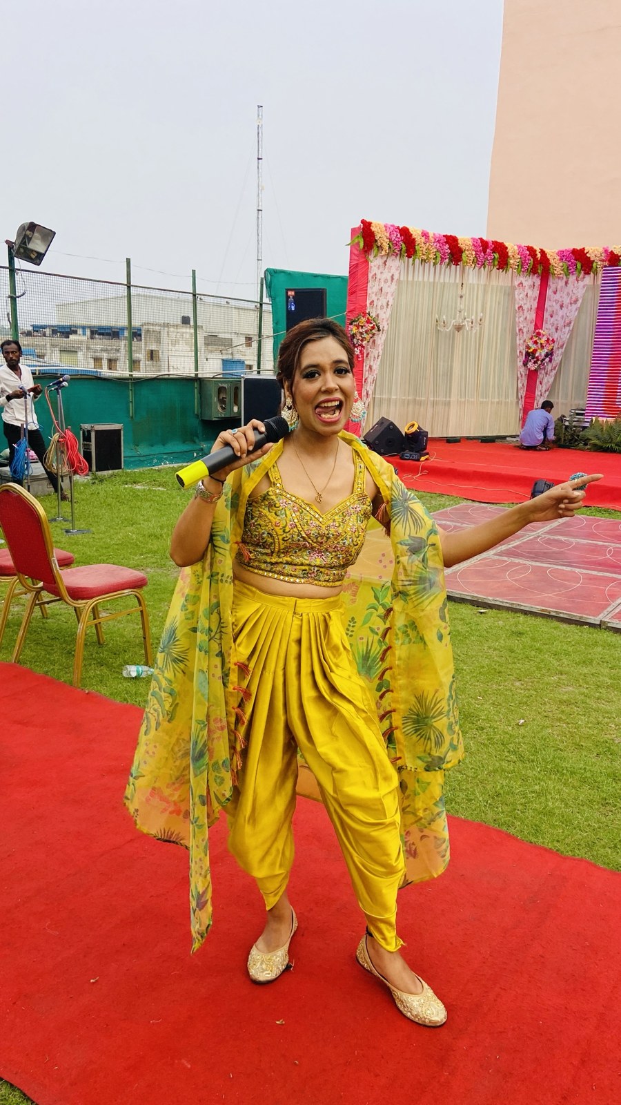 Pooja Sudha at a sangeet night in a yellow outfit