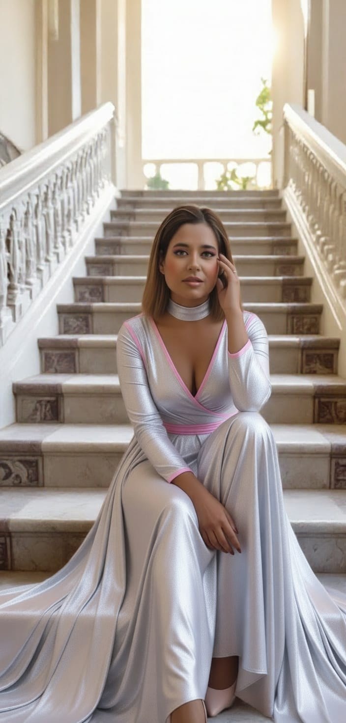 Pooja Sudha portrait in a silver gown on a staircase